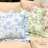 Artesa Laura Toile de Jouy (100% Cotton Linen) Ruffled Throw Pillow Cover - Elegant Decorative Cushion Case with Zipper Closure